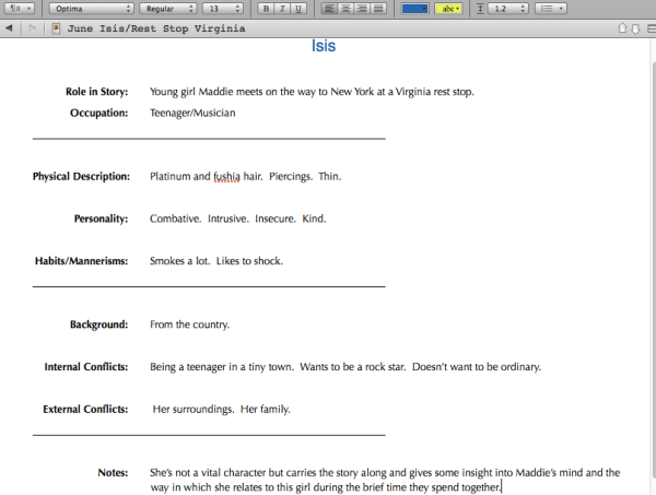Character Sketch -- Scrivener making it happen.